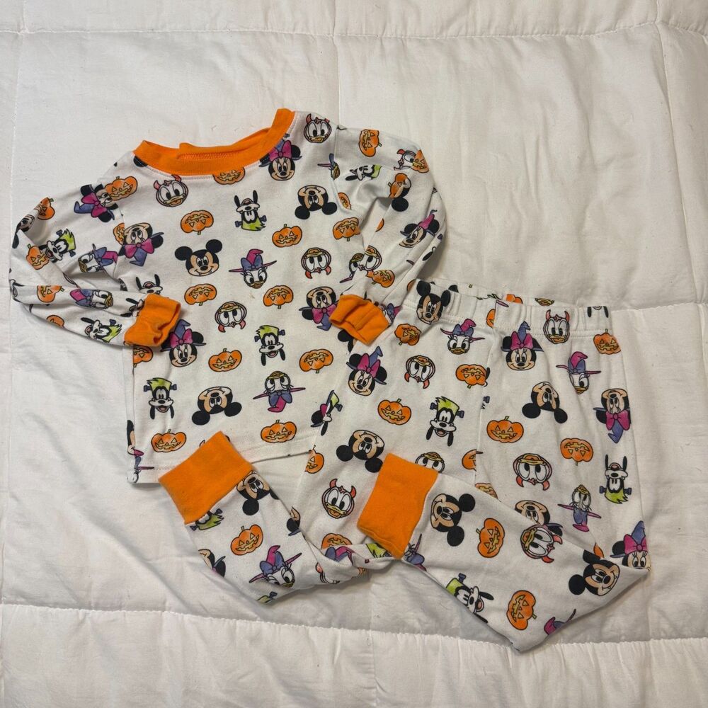Disney Halloween Pajamas 3T Mickey Minnie Friends White Orange 2 Piece Set